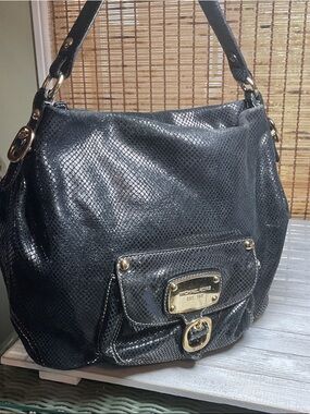 Michael Kors Hudson Downtown Black Soft snake skin Leather Hobo Bag Purse
